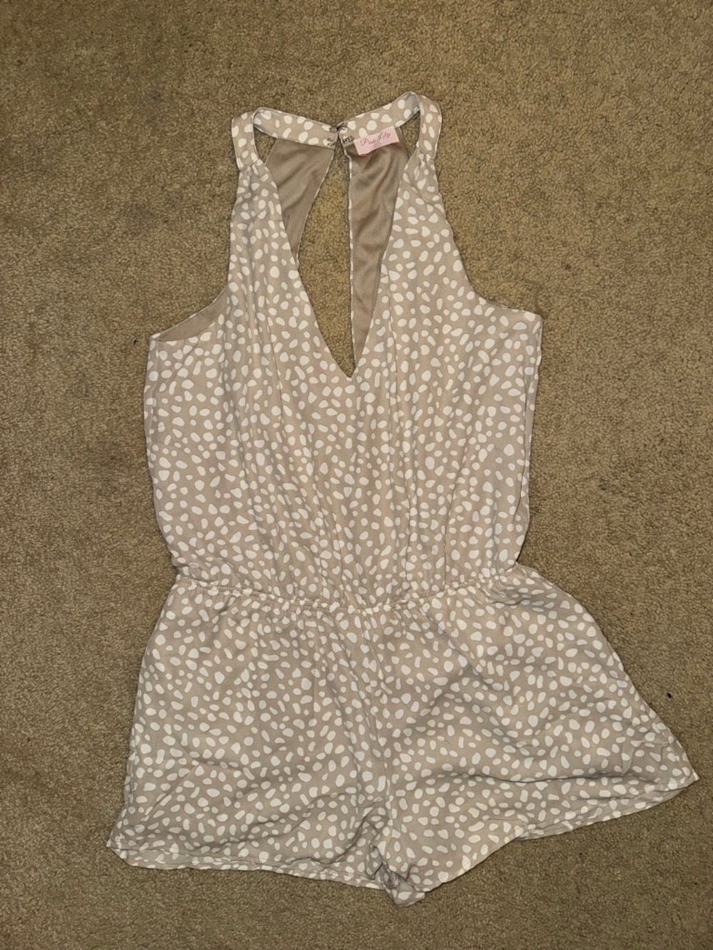 Pink Lily Beige and White Dot Patterned Sleeveless Romper